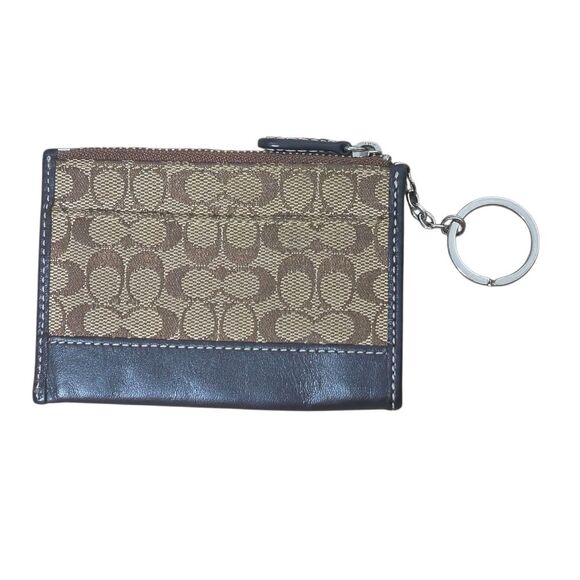 Coach Signature Logo Canvas Leather Coin Purse ID Wallet Key Chain Tan Brown - Picture 2 of 2